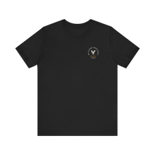 Load image into Gallery viewer, Merchandise black t-shirt with small company logo on the left chest area