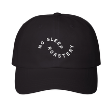 Load image into Gallery viewer, Merchandise black Dad Hat with 'No Sleep Roastery' white text embroidered
