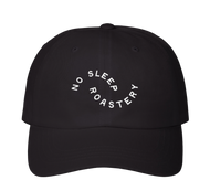 Merchandise black Dad Hat with 'No Sleep Roastery' white text embroidered