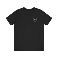 Merchandise black t-shirt with small company logo on the left chest area