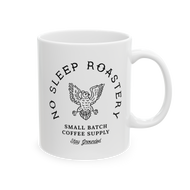 Merchandise white mug with black lettered 'No Sleep Roastery' company branding and an black owl design on a white background
